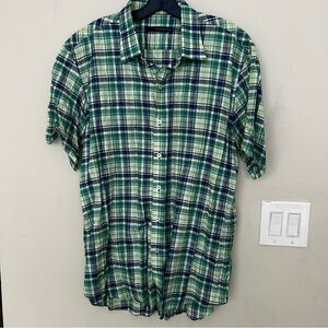 Zachary Prell Shirt Green Blue Plaid Button-up Short Sleeve Cotton Linen. XL